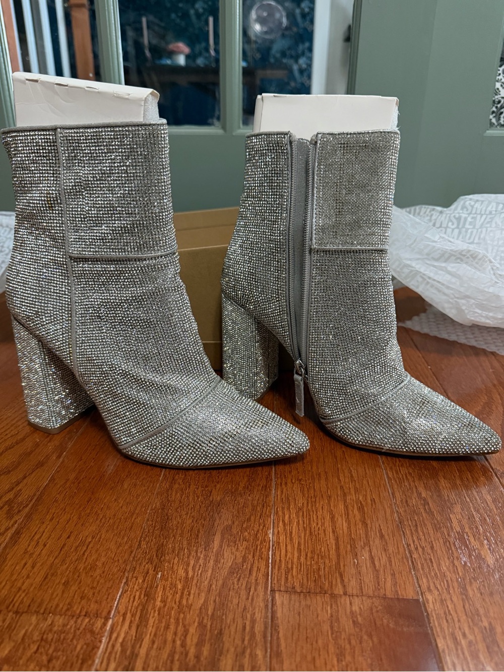 Steve Madden Silver Rhinestone Pointed Toe Block Heel Ankle Boots
